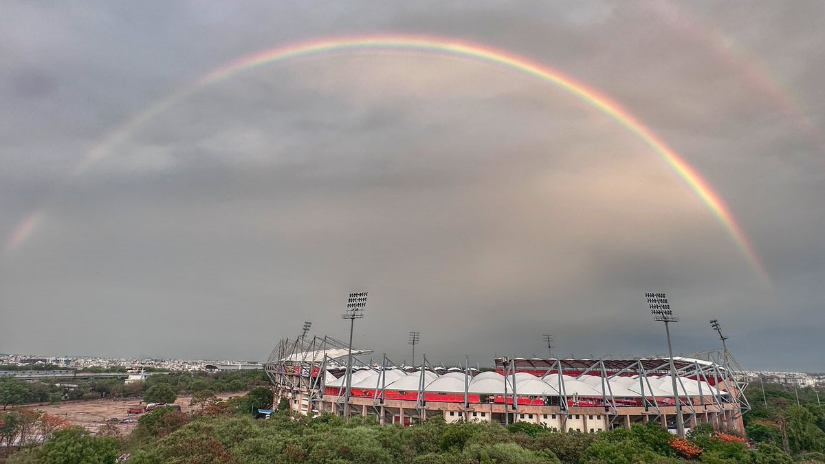 allaboutcric_'s tweet photo. Beautiful picture of Uppal Stadium with Rainbow in the background 😍

SRH will take on PBKS here at 3:30 tomorrow which will be last home game of 2024 🏏

PC - @serish https://t.co/KuuDAiuAUQ