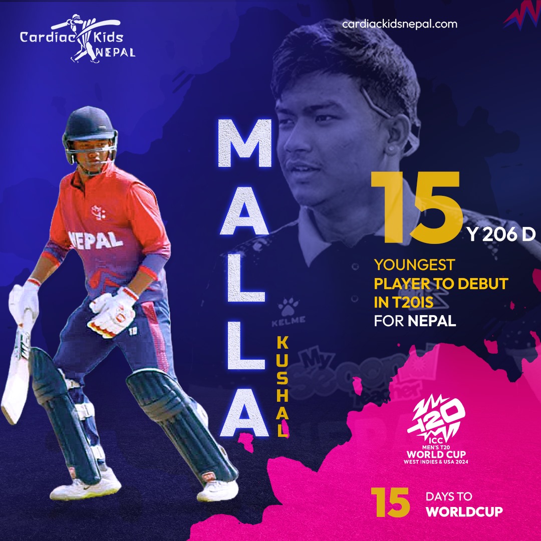 🌟 𝟏𝟓 𝐃𝐀𝐘𝐒 𝐓𝐎 𝐆𝐎! 🌟

𝙏𝙤𝙙𝙖𝙮'𝙨 𝙢𝙖𝙜𝙞𝙘 𝙣𝙪𝙢𝙗𝙚𝙧: 15! 
Did you Know? Kushal Malla is the youngest player to debut in T20Is for Nepal. He made his debut at 15 Years 206 days against Zimbabwe in 2019.
#NepaliCricket #15DaysToGo #T20WorldCup #KushalMalla