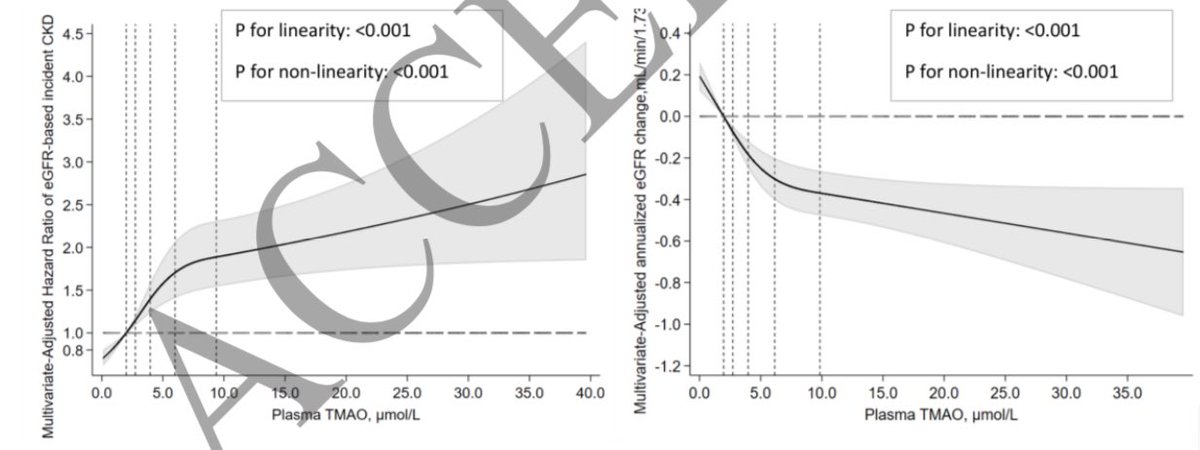 Los valores altos en sangre de TMAO (N-óxido de trimetilamina) un metabólito generado por la microbiota intestinal por la ingesta de carne roja🥩, se asoció a ↑2 veces el riesgo de desarrollar enfermedad renal crónica y a perder más TFGe

JASN 2024
10.1681/ASN.0000000000000344