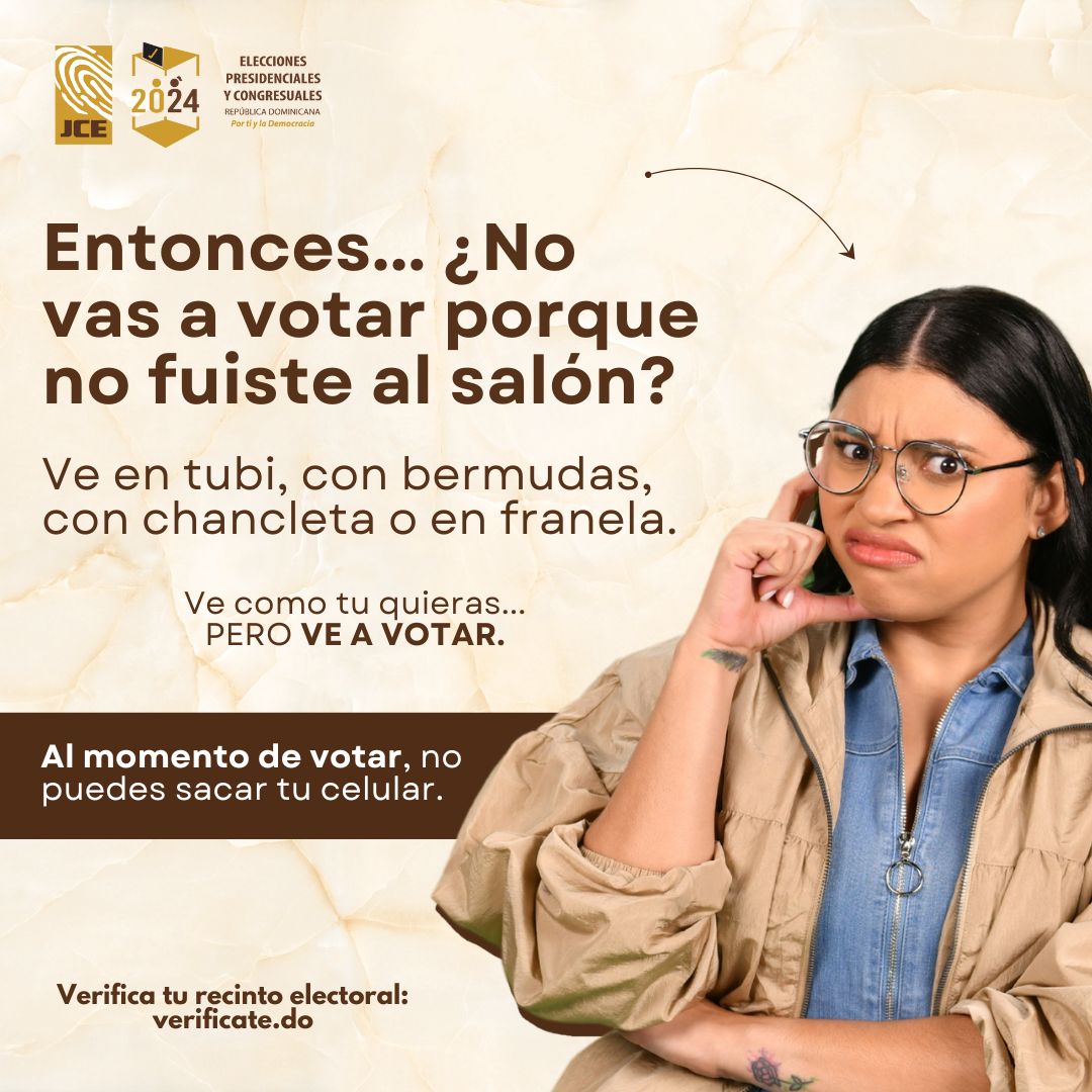 juntacentral's tweet photo. Tubi, rolos, pantalones cortos, chancletas… No importa como, lo importante es que vayas a votar.

Este domingo 19 de mayo, ¡Elige votar!

#JCERD #VotaRD2024 #EleccionesRD2024 https://t.co/5C4LcOM6uV