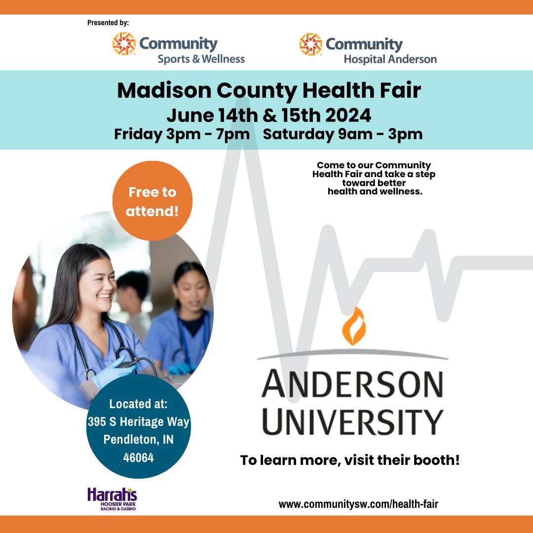 We are so excited to have @andersonuniversity participating in the #madisoncountyhealthfair2024

Learn more about who they are and what education opportunities they offer by visiting their booth at the fair! communitysw.com/health-fair 
#cswfindyourfit #bestofmadisoncounty