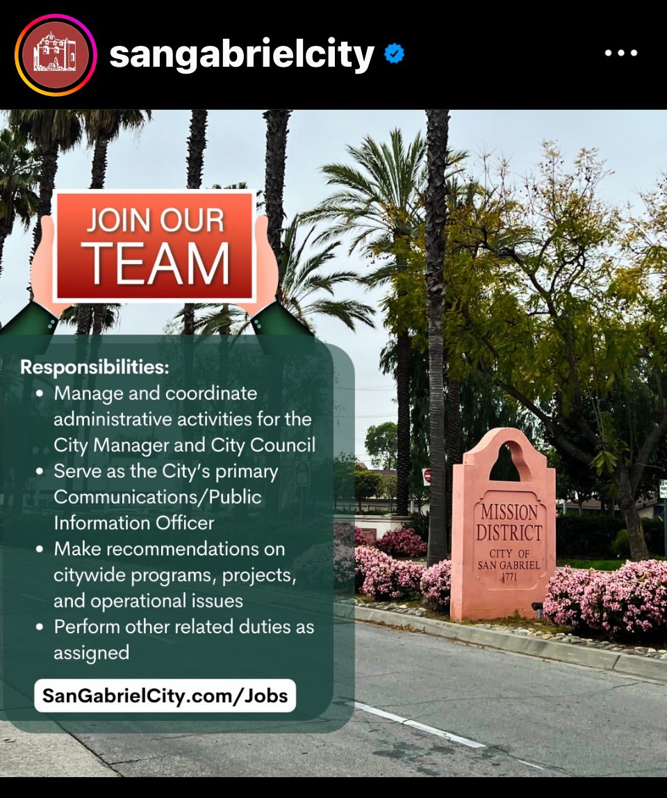 Definitely a great job opportunity at the jewel city of San Gabriel. Lead by an awesome city manager and council….they are looking for “assistant to the city manager”! 

Great opportunity for leadership, communications, PR & community outreach position. #LocalGov #SanGabriel #PR