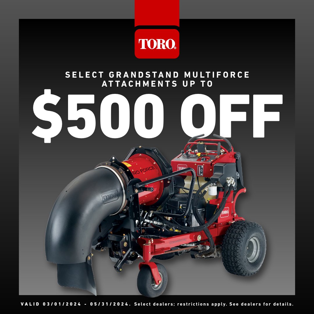 Elevate productivity with up to $500 OFF select Toro GrandStand MULTI FORCE attachments through May 31st. Offer valid in the U.S. only. toro.biz/6010dERQk #ToroEquipment