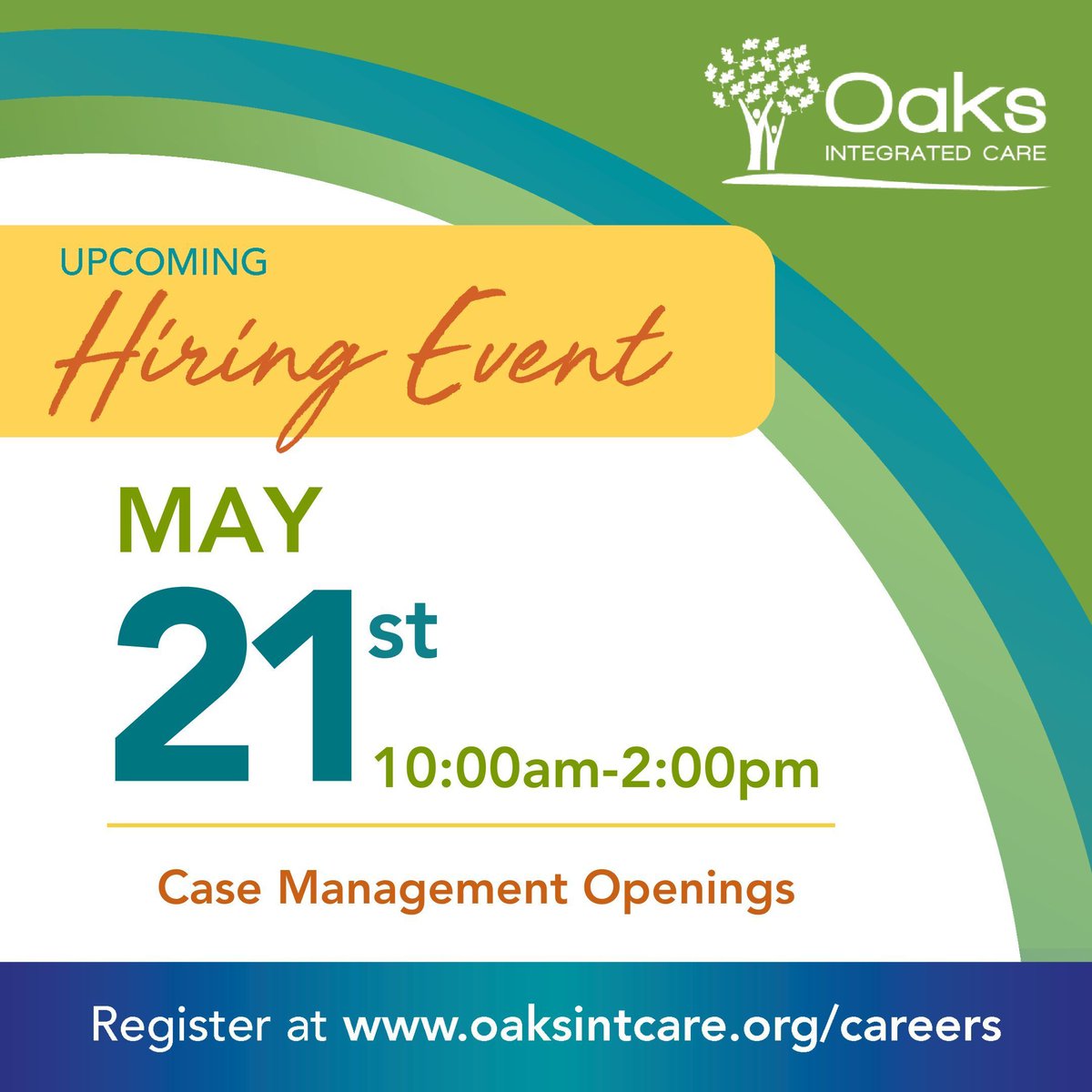 Are you looking for a meaningful career? 📣 Join #TeamOaks at our upcoming #HiringEvent on Wednesday, May 21, 10am-2pm at our Cherry Hill location! #NowHiring Case Managers in Camden County. Sign-on bonus included! Register today - buff.ly/3K2ALcX