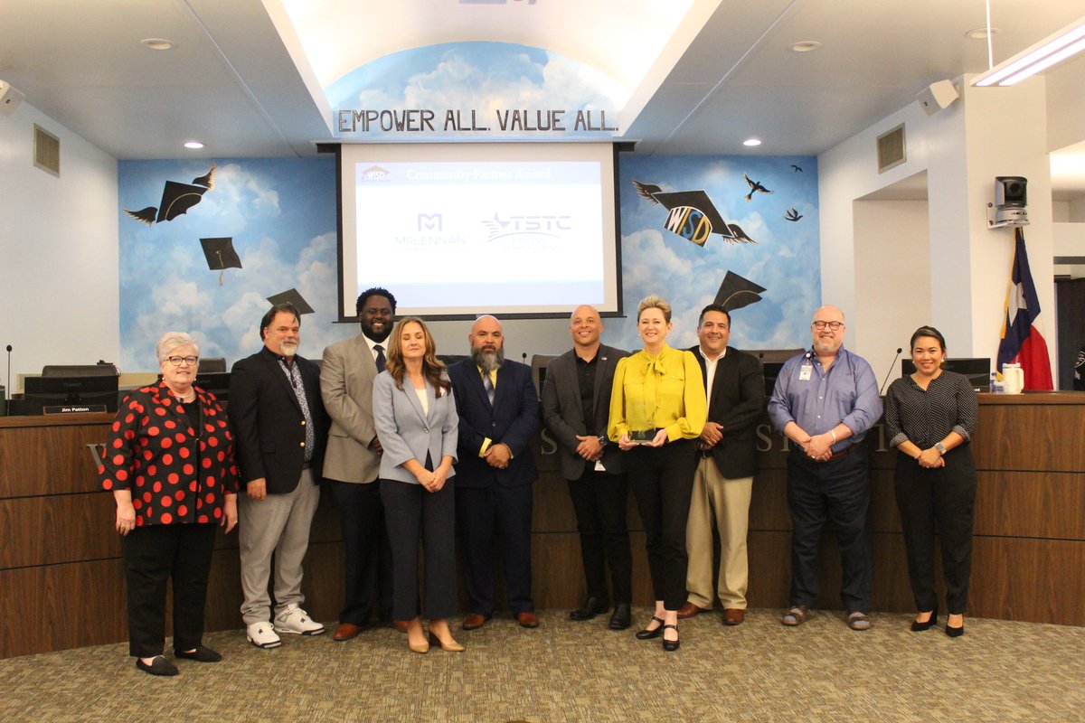 TSTC leaders accepted the Community Partner Award from the Waco Independent School District’s Board of Trustees for their commitment to supporting Waco ISD students who qualify for free tuition, books, and fees to earn dual credits at the college. (Photo courtesy of Waco ISD.)