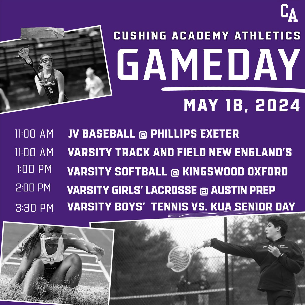 Game Day! Varsity Boys' Tennis hosts @kuawildcats at 3:30 PM 🎾.  @cushingacademytrackandfield participates in New England's  @marianapolis &amp; @cushingsoftball plays @wyvernathletics at 1:00 PM in the semi-finals of the Western New England Prep tournament.   Good luck Penguins!