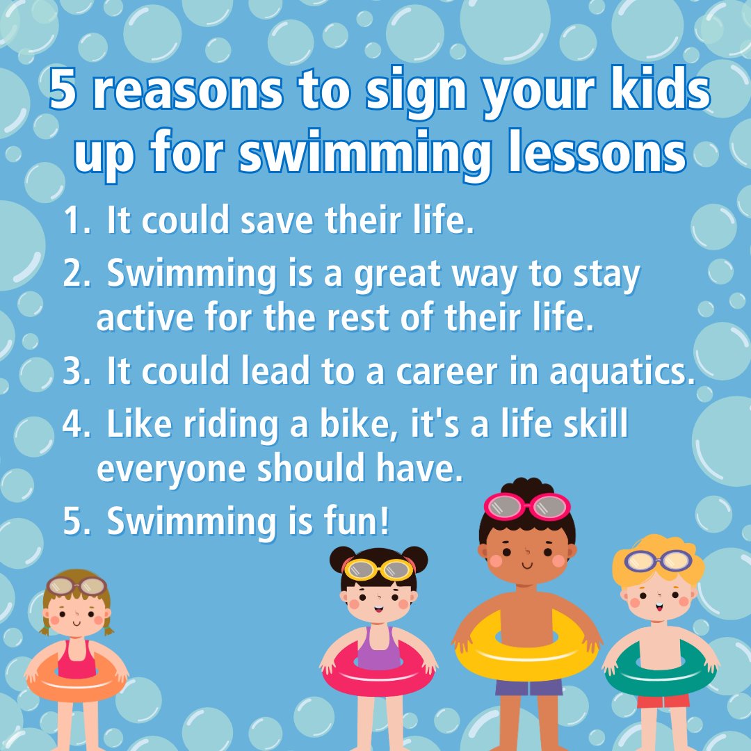 5 reasons to sign your kids up for swimming lessons: 1. It could save their life 2. It's a great way to stay active 3. It could lead to a career in aquatics 4. It's a life skill 5. Swimming is fun! How old were you when you learned to swim? #NationalLearnToSwimDay