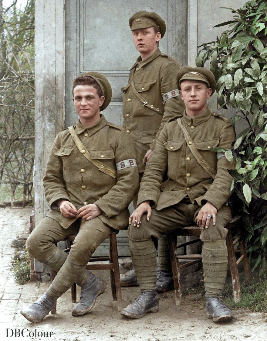 Three Kings Own Yorkshire Light Infantry stretcher bearers, pose in the garden of amateur photographer Alfred Dupire at 45, Rue d'Amiens, Warloy-Baillon, ca.1917. Colour by Doug - @colour_history