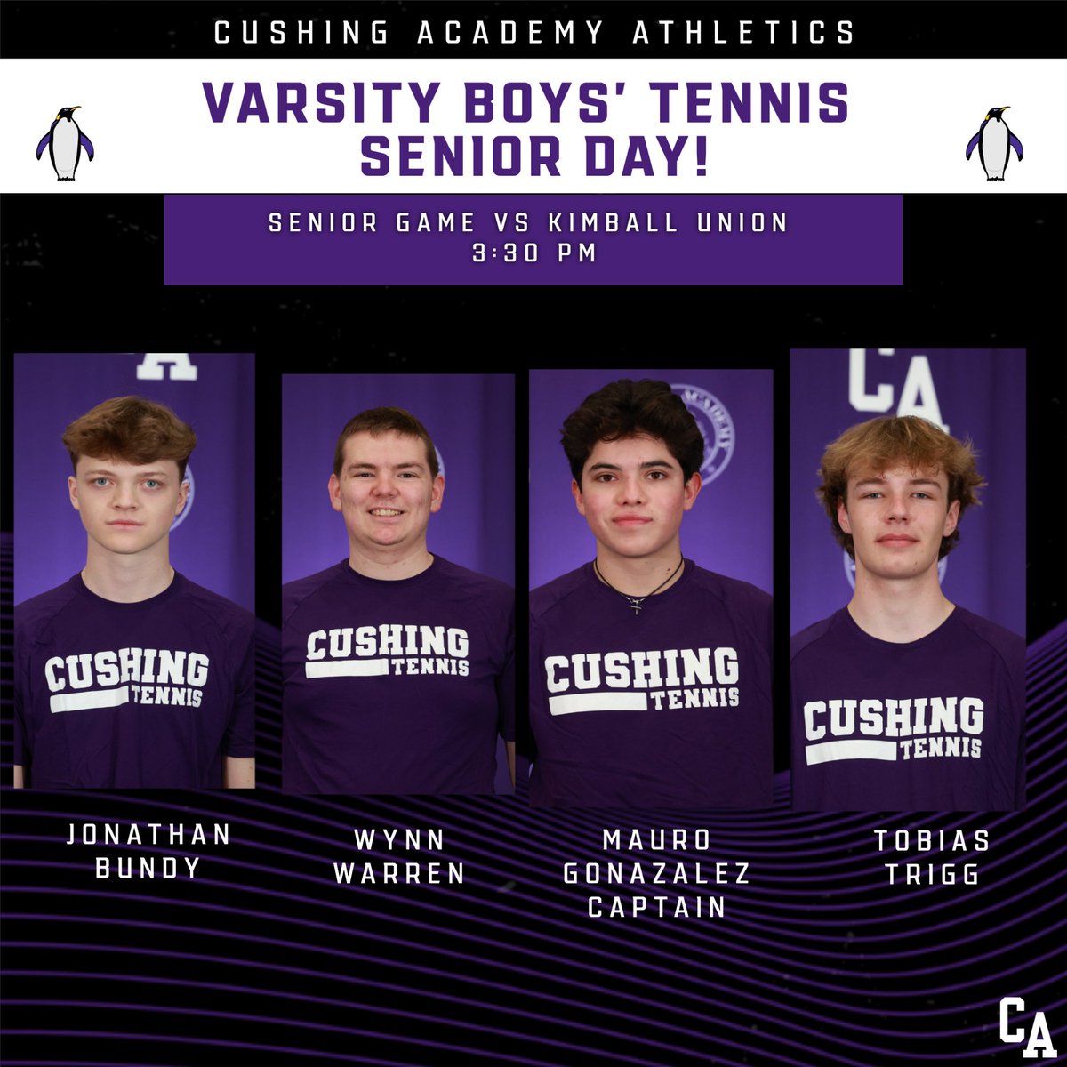 Congratulations to our Varsity Boys' Tennis seniors Jonathan, Wynn, Mauro and Tobias!Thank you for your contributions to our tennis program!  🎾#seniorday #rollpens🐧 #cushingathletes #foreverapenguin