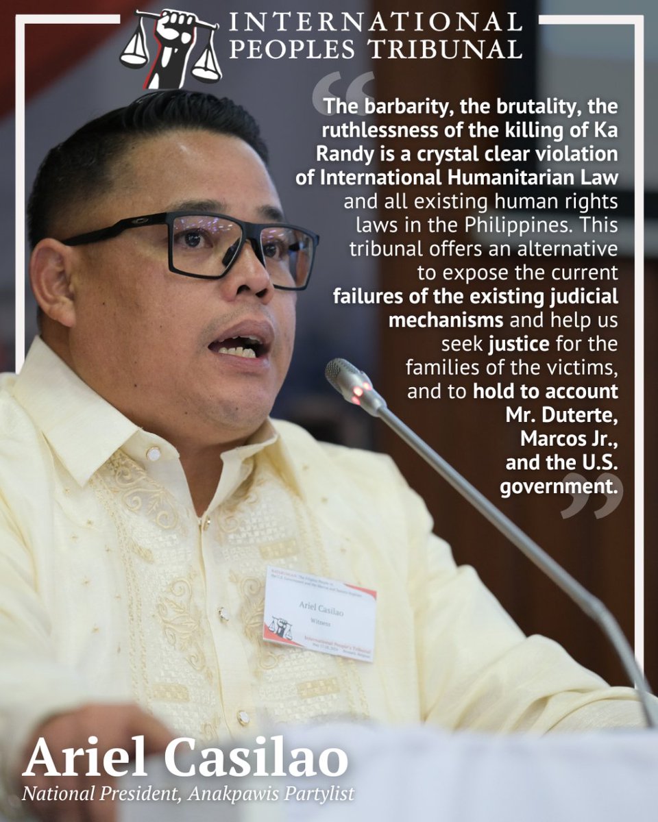 READ: Quote from Ariel Casilao, presenting on the murder of Randall Echanis and the impact of IHL violations on peasants, on May 17, 2024, at the International People's Tribunal on the Philippines.

Watch live stream recording here: youtube.com/live/6PlcR2XWQ…