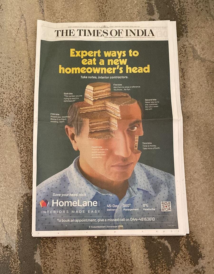 Forget the boring front page ads you usually ignore. This one by @homelanedecors demands your attention and maybe gives you a laugh yet stays with you for a long time. A realistic 3D image in a newspaper, a man's head transformed into a cake, each piece missing representing a