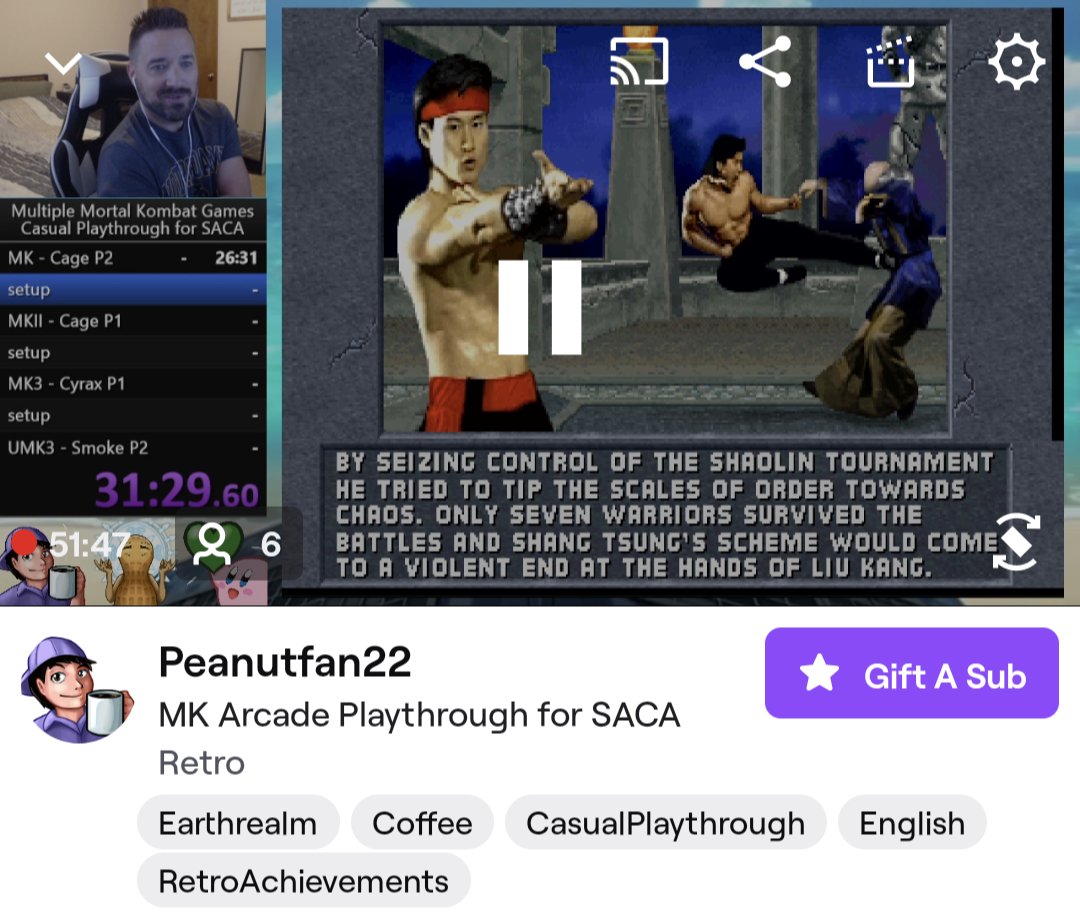 It's <a href="/Peanutfan22/">Peanutfan22</a> with his Mortal Kombat playthrough! 

twitch.tv/peanutfan22