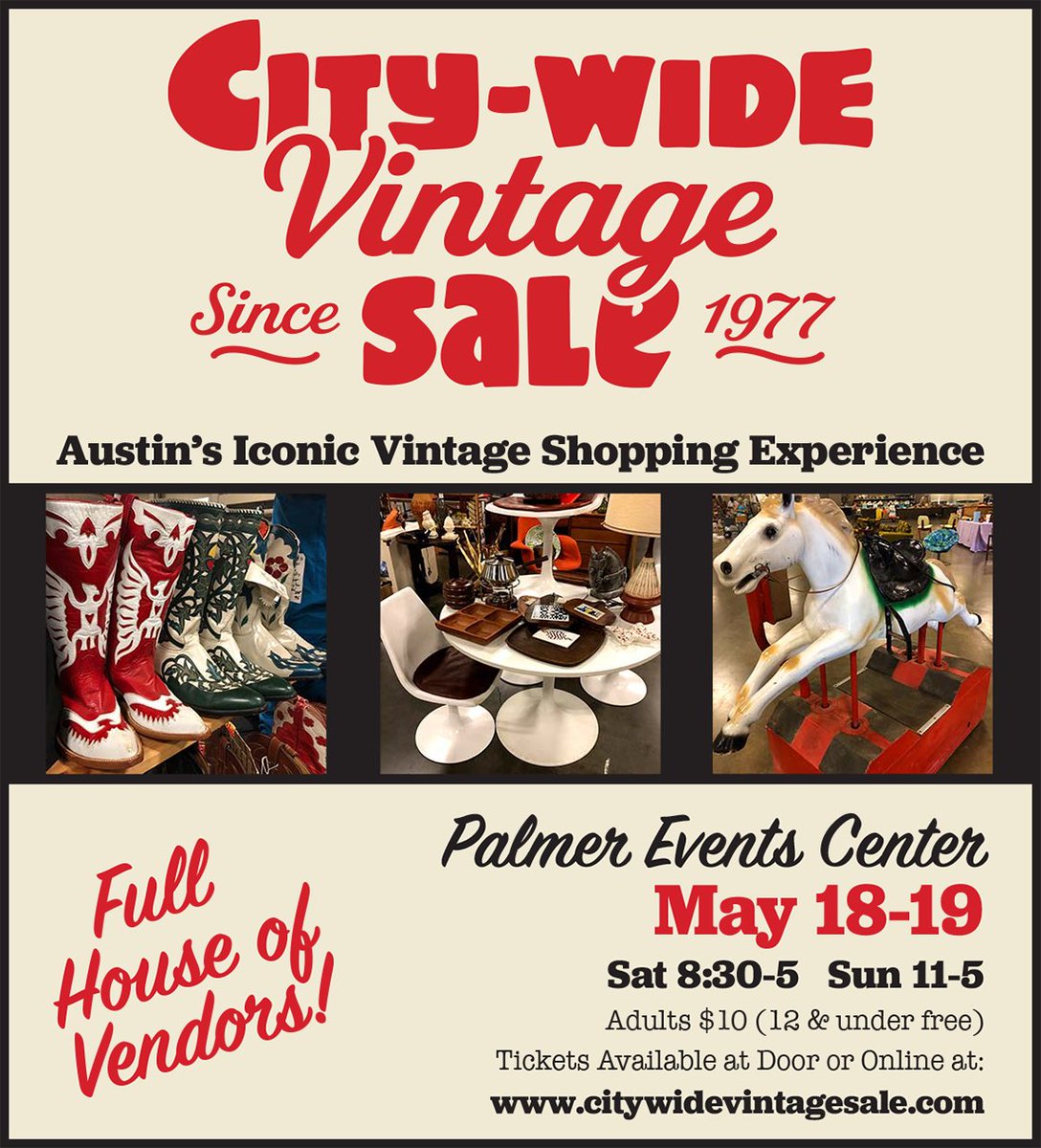 The City-Wide Vintage Sale is Austin's largest vintage market. This one-of-a-kind events showcase 80-100 vintage vendors from across Texas and beyond, and it's back starting TODAY. Details + tickets here. bit.ly/3V51gVb
