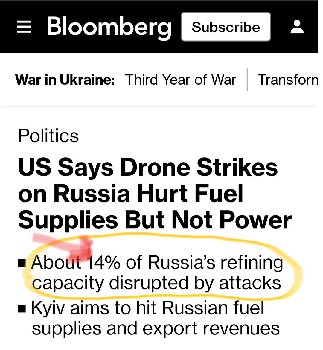 Lentamente ma inesorabilmente la Russia va in pezzi grazie anche alla capacità distruttiva dei droni ucraini che danneggiano le infrastrutture petrolifere. Il 14% in breve tempo può raddoppiare e mettere in ginocchio le esportazioni di prodotti raffinati😈