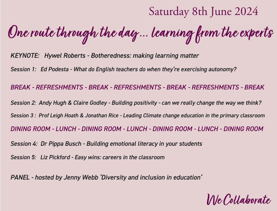 Workshop choices for #WeCollaborate24 are fast approaching - you might want to focus on learning from the experts: @HYWEL_ROBERTS @ed_podesta @Heads_Up_Kids @leighhoath & @JonathanRice11 @PippaBusch Liz Pickford @FunkyPedagogy Tickets ▶️rmsforgirls.com/wecollaborate/