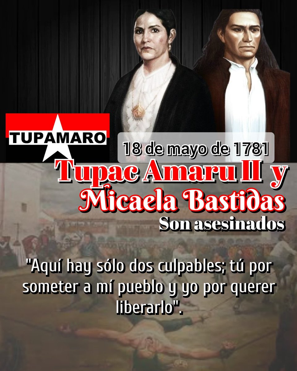 La violenta muerte del valiente líder Tupac Amaru II y Micaela Bastidas no logró apagar la llama de su legado y su lucha anticolonial. La fuerza y el poder de su espíritu revolucionario siguen presentes, a pesar de los intentos de los invasores por destruirlos. @NicolasMaduro