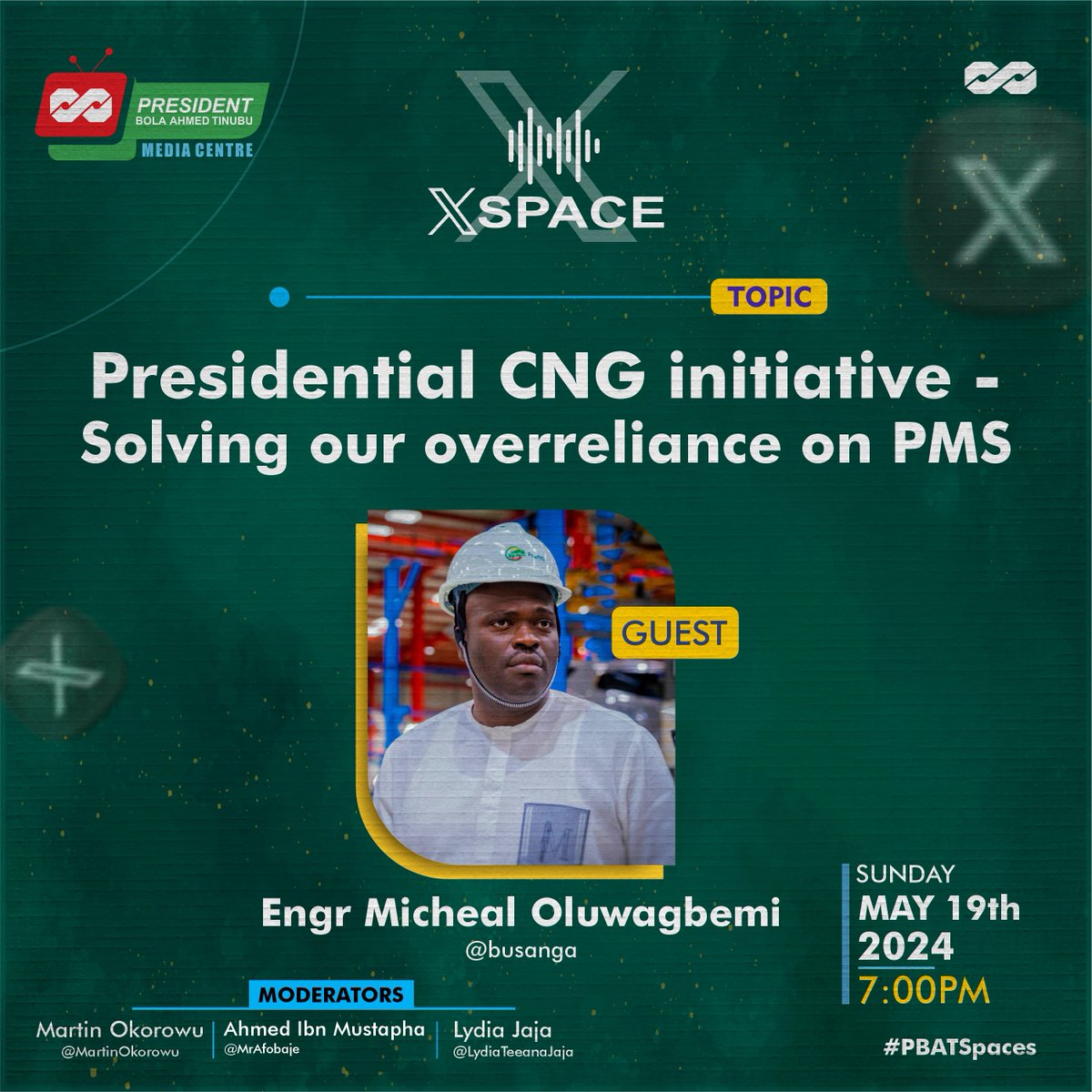 Let’s talk about CNG. Let’s talk about Nigeria’s green energy drive. Let’s talk about economic diversification. Join us this Sunday on this week’s edition of #PBATSpaces as we discuss everything CNG with @busanga, the Chairman of the Presidential CNG Initiative. Time: 7pm