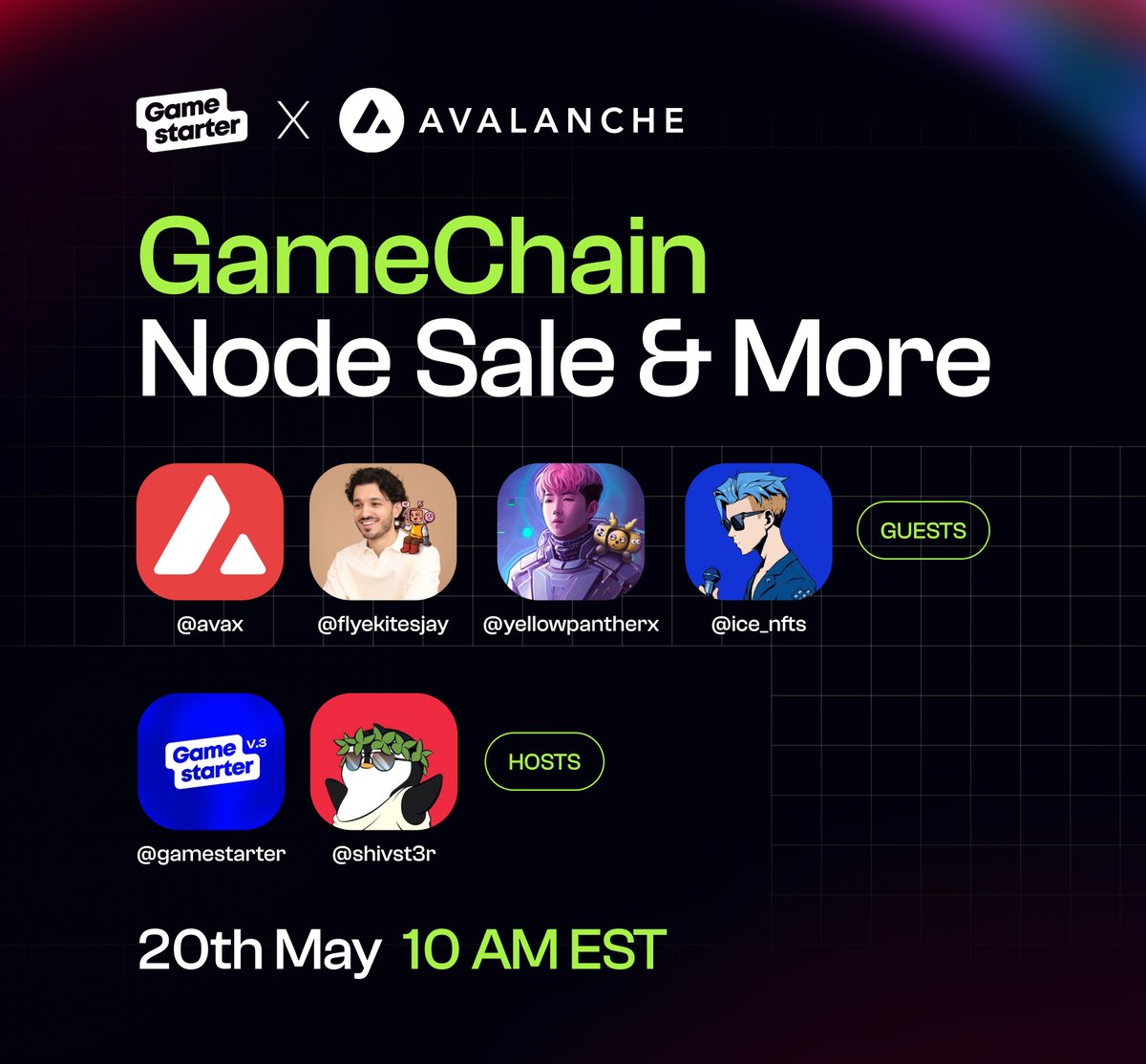 gamestarter's tweet photo. What's brewing with GameChain and our upcoming Game Node sale? 😎

Bringing you all the deets with our special guest @avax and our awesome co-host @shivst3r. Also, giving away 20 WL spots for the community on our Megaspaces!🏃‍♀️

Set Reminders: https://t.co/Ri6PMS8kPA