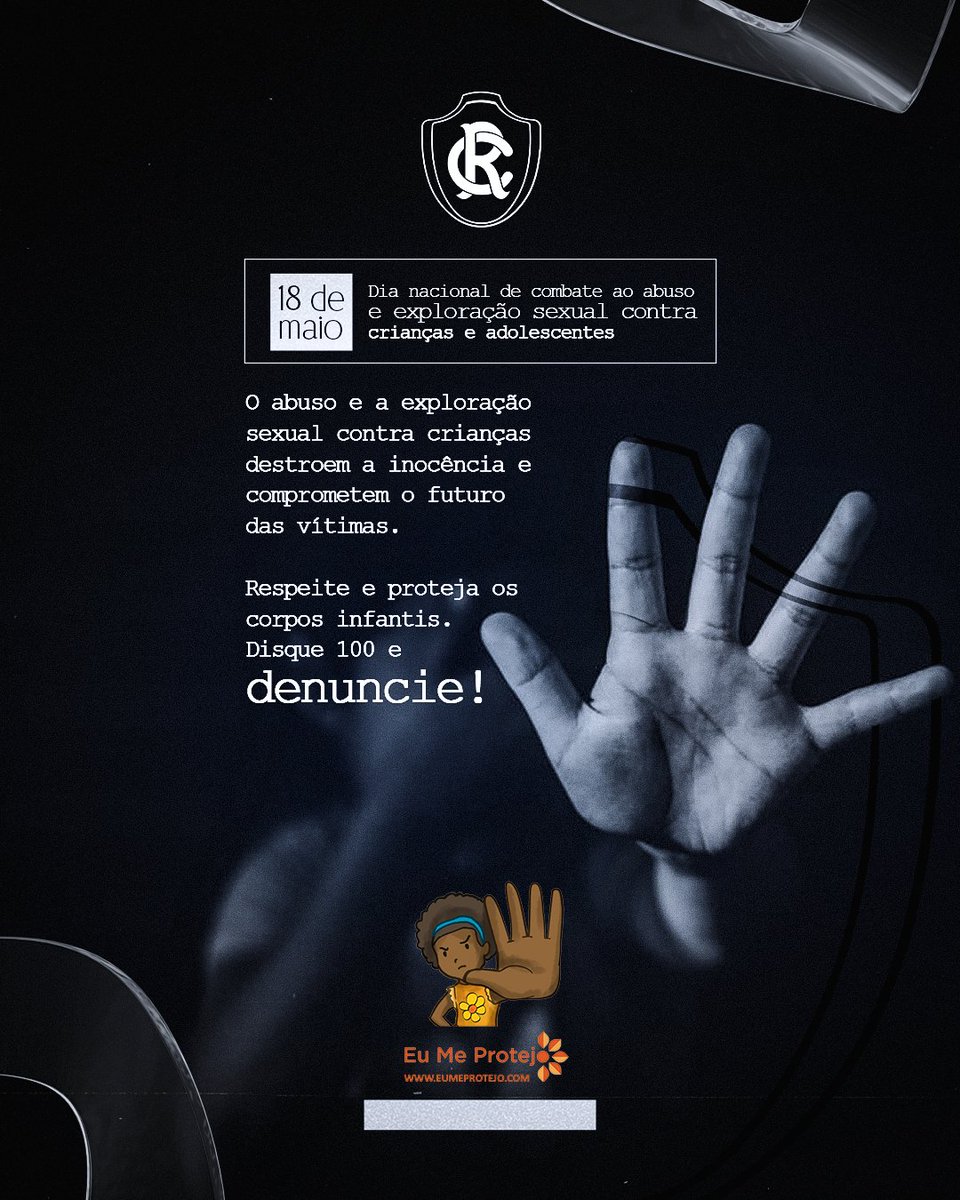 O Clube do Remo se une ao Projeto “Eu Me Protejo” contra o abuso e à exploração sexual contra crianças e adolescentes e pede para que respeitem e protejam os corpos infantis, denunciando qualquer caso de suspeita ou violência e situação de risco.

Disque 100 e denuncie!