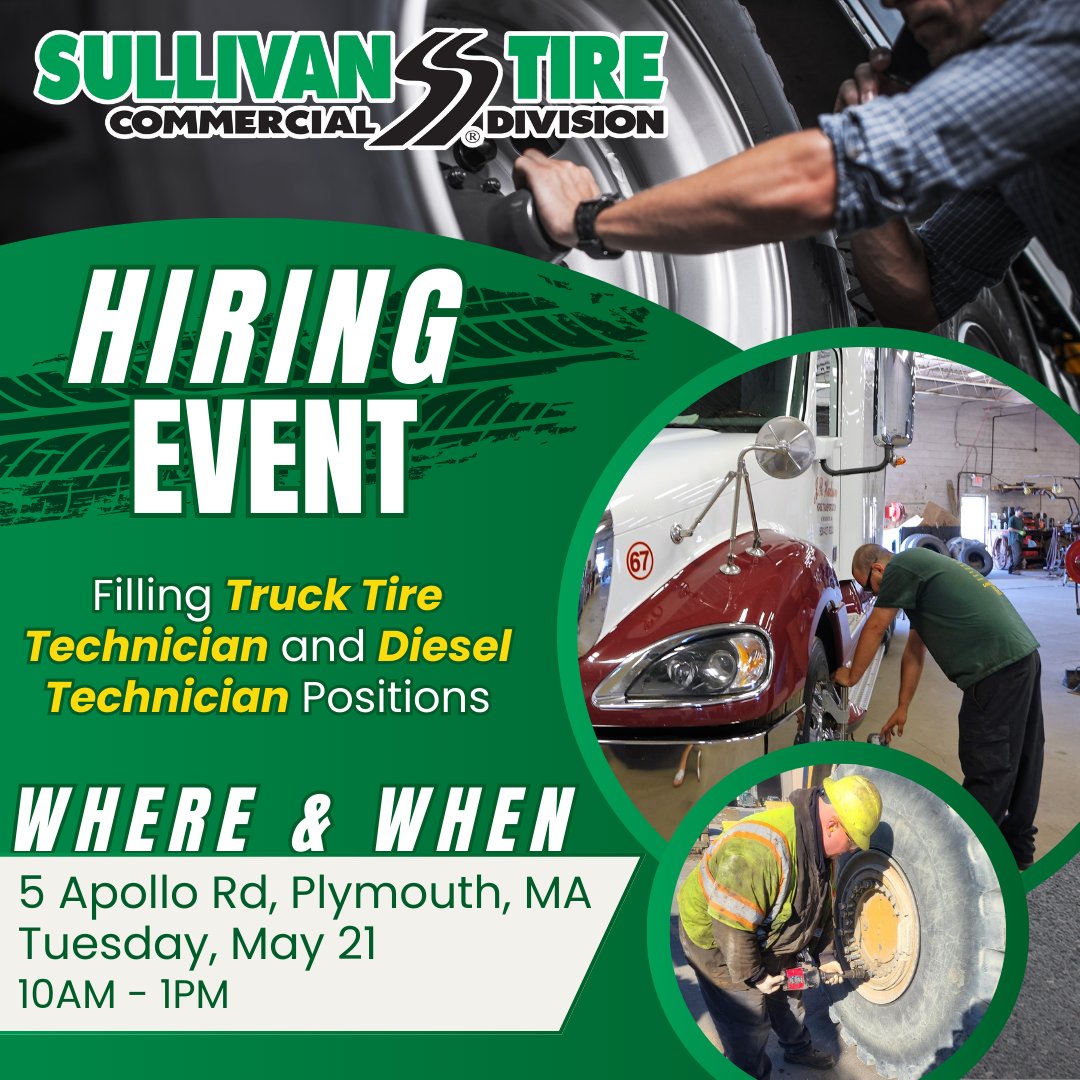 We're hiring in Plymouth, MA! Join us next Tuesday, May 21 from 10AM - 1PM for open interviews filling positions in our Commercial division including Truck Tire and Diesel Technician roles! Become a Sullivan Tire owner and join the team! #GetYouThere🚗 #ESOP #Hiring #NowHiring