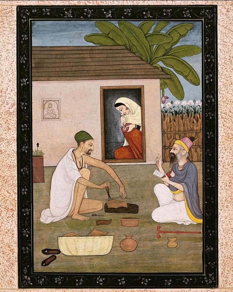 Guru Ravidas at work as a shoemaker. Folio from a series featuring Bhakti saints. Master of the first generation after Manaku and Nainsukh of Guler, Pahari region, ca.1800–1810.
#chamar #ravidassia #ramdasia #gururavidas