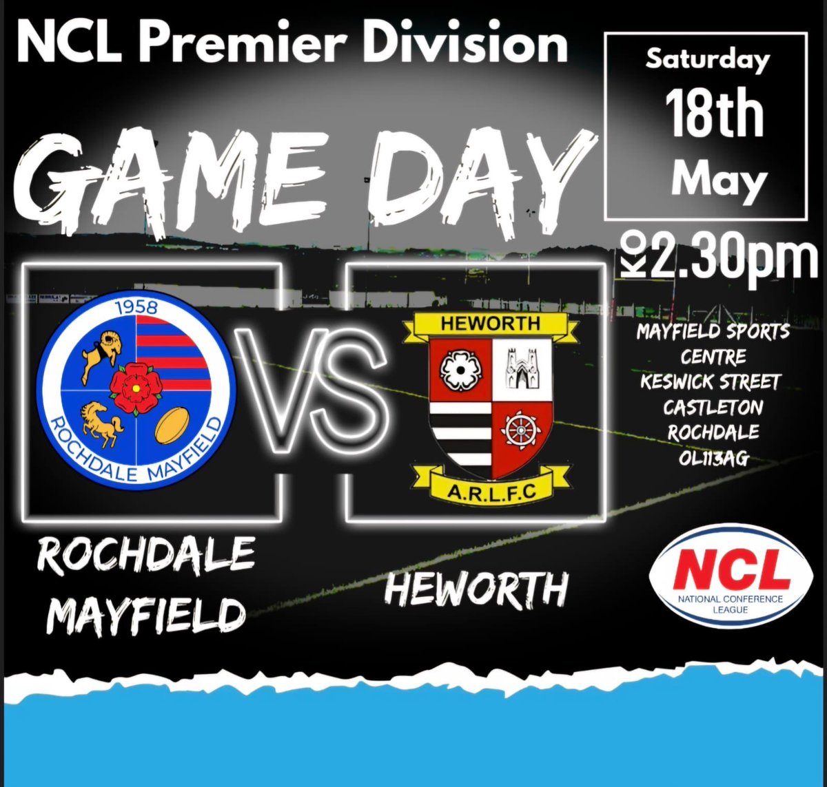🏉HALF TIME🏉 🏆 @OfficialNCL Round 10 Rochdale Mayfield 18 @HeworthRugby 4 #BacktheFieldin24