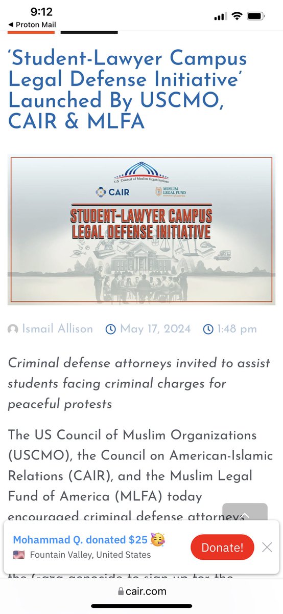 CAIR 

Student-Lawyer Campus Legal Defense Initiative’ Launched By USCMO, CAIR & MLFA | CAIR Exit Poll Finds 95.9% of Md. Muslims Voted ‘Uncommitted’ in Dem Primary | CAIR Welcomes Sen. Warren & Rep. Omar’s Call for Equitable Banking Access to Muslims.