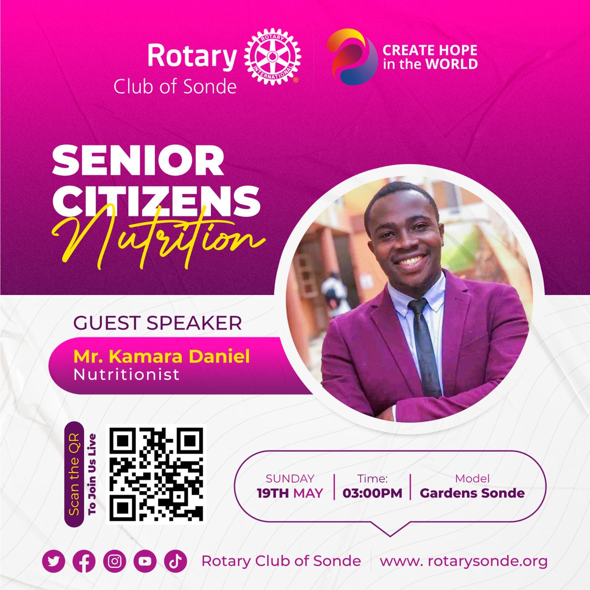 𝐃𝐞𝐚𝐫 𝐑𝐨𝐭𝐚𝐫𝐢𝐚𝐧𝐬, kindly join us this Sunday as we have a talk from Nutritionist Daniel Kamara 𝐓𝐨𝐩𝐢𝐜: Senior Citizen's Nutrition 𝐃𝐚𝐭𝐞: May 19, 2024 𝐓𝐢𝐦𝐞: 03:00 PM Nairobi 03:00 PM Nairobi 12:00 PM GMT 05:30 PM India Time 06:00 AM Central Time, USA