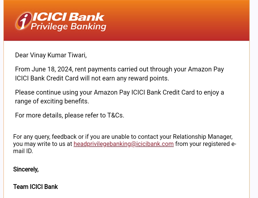 ICICI Amazon Pay #creditcard devaluation:
'From June 18, 2024, rent payments carried out through your Amazon Pay ICICI Bank Credit Card will not earn any reward points.'