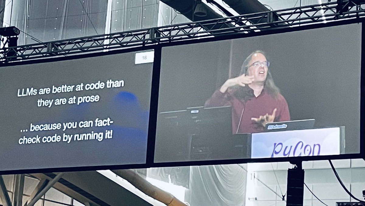 #LLMs are better at coding than they are at writing prose — because the rules of #Python etc. are easier than the rules of English, noted ⁦@simonw⁩ at #PyConUS #GenAI #AI