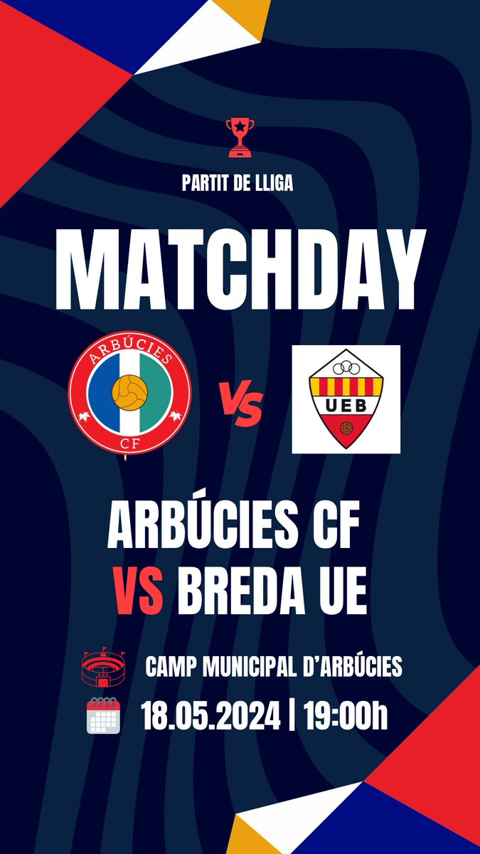 👉 Jornada 30 - #3Cat2
📆 Dissabte 18 de maig a les 19h.

🏟 Municipal de Can Pons
⚽️ @ArbuciesCF - @uebreda

#SuportalesportGironi #Arbucies #3cat2 #amuntarbucies #arbuciescf  #3acatalana #futcat