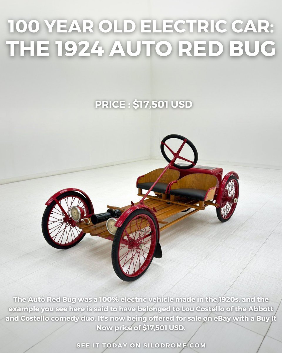 The Auto Red Bug was a 100% electric vehicle made in the 1920s, and the example you see here is said to have belonged to Lou Costello of the Abbott and Costello comedy duo. It's now being offered for sale on eBay with a price of $17,501 USD. Link: silodrome.com/auto-red-bug/