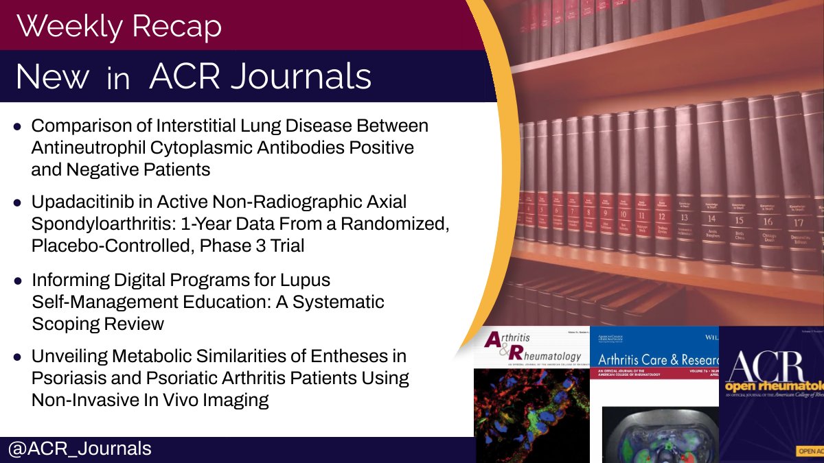 ⭐ Highlights from this week in ACR journals: 🔸 Interstitial Lung Disease in ANCA+ vs ANCA- Patients 🔸 Upadacitinib in Active Non-radiographic axSpA 🔸 Scoping Review of Digital Programs for Lupus Self-Management Education 🔸 In Vivo Imaging of Entheses in Psoriasis and PsA