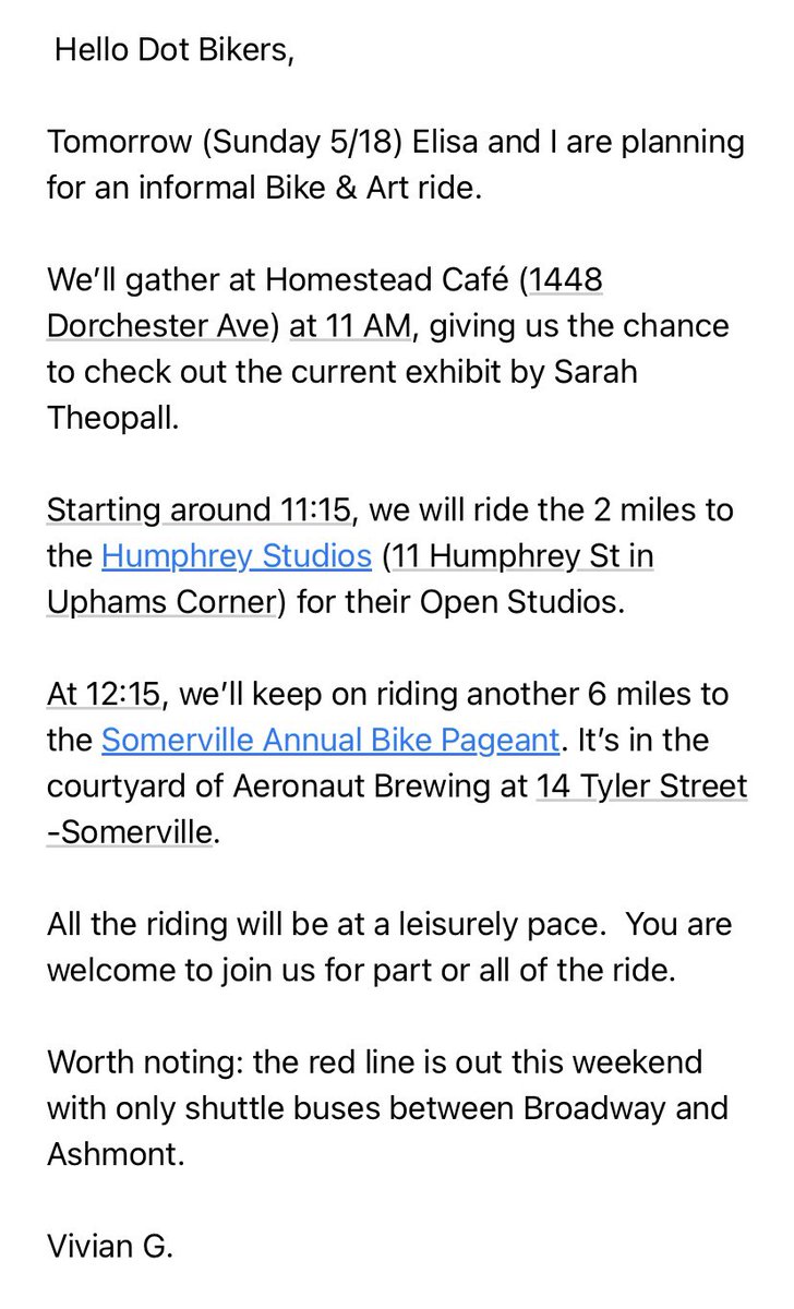 ma_cycle's tweet photo. On Sunday @BikeDorchester leads an art and bikes ride to the Humphrey Studios in Dorchester then to the Somerville Bike Pageant.
#BikeBOS #BikeMA https://t.co/HCaSGuLiuF