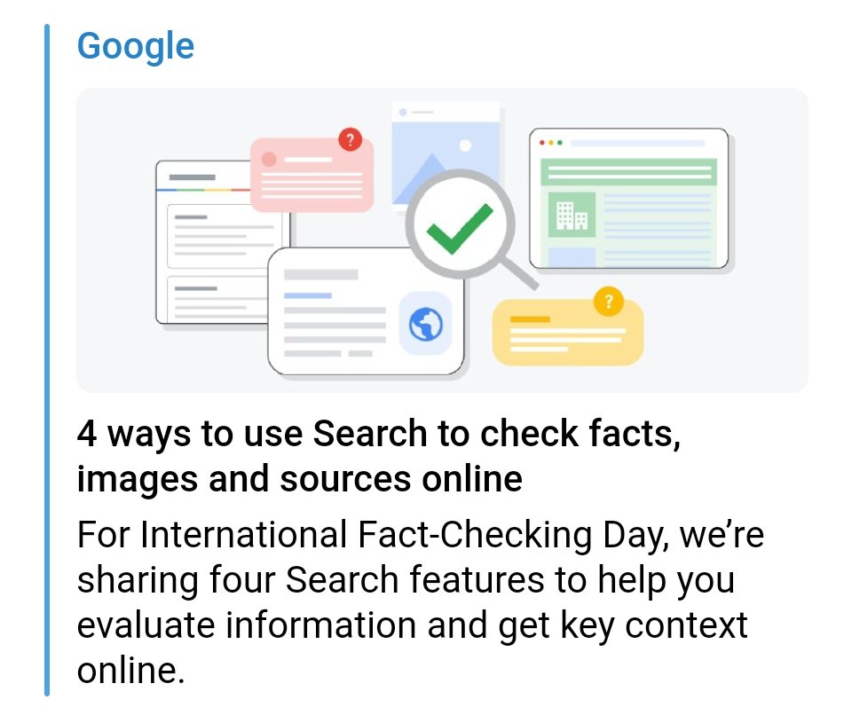 divine_saviour's tweet image. 𝟰 𝘄𝗮𝘆𝘀 𝘁𝗼 𝘂𝘀𝗲 𝗦𝗲𝗮𝗿𝗰𝗵 𝘁𝗼 𝗰𝗵𝗲𝗰𝗸 𝗳𝗮𝗰𝘁𝘀, 𝗶𝗺𝗮𝗴𝗲𝘀 𝗮𝗻𝗱 𝘀𝗼𝘂𝗿𝗰𝗲𝘀 𝗼𝗻𝗹𝗶𝗻𝗲

whatsapp.com/channel/0029Va…

#MeditatingJournalism #GoogleSearch #CheckFacts #CheckImages #CheckSources #EvaluateContent #FactCheckExplorer