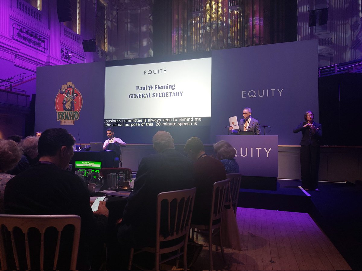 General Secretary @paulwfleming holds up the @EquityUK Annual Report and commends it to delegates representing 50,000 union members who are performers and creatives in the arts industry 🎭
