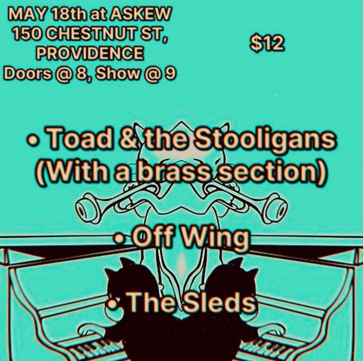 AskewProv's tweet photo. TONIGHT at @askewprov !!

Killer lineup featuring @toadandthestooligans w/ HORNS @offwingband and @thesleds !!

doors 8PM
music 9PM
cover $12

See you there!!

#askewprov #saturdaynight #party https://t.co/JgqMY1e7MT