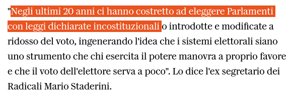 quindi se negli ultimi 20 anni ci hanno costretto ad eleggere il parlamento con leggi dichiarate incostituzionali non ne dovremmo dedurre che QUALUNQUE legge introdotta in questo arco di tempo sia illegittima?
repubblica.it/politica/2024/…
spetta un po'
>>>