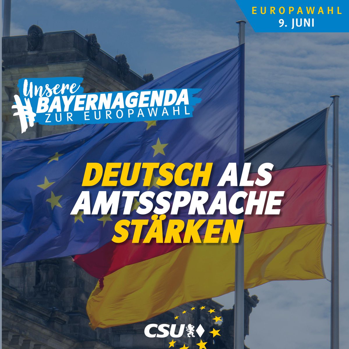 Wir wollen der deutschen Sprache als dritter #Amtssprache in der EU-Verwaltung mehr Geltung verleihen. Das fördert die Teilhabe der Bürgerinnen und Bürger und stärkt die Position Deutschlands in der europäischen Gemeinschaft. Nur die #CSU gibt #Bayern eine starke Stimme in