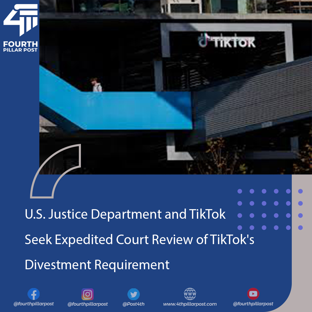 Post4th's tweet image. U.S. Justice Department and TikTok push for fast-track court schedule to challenge law requiring ByteDance to divest TikTok's U.S. assets. 
#TikTok  #LegalChallenge #USJustice
Read more: 4thpillarpost.com