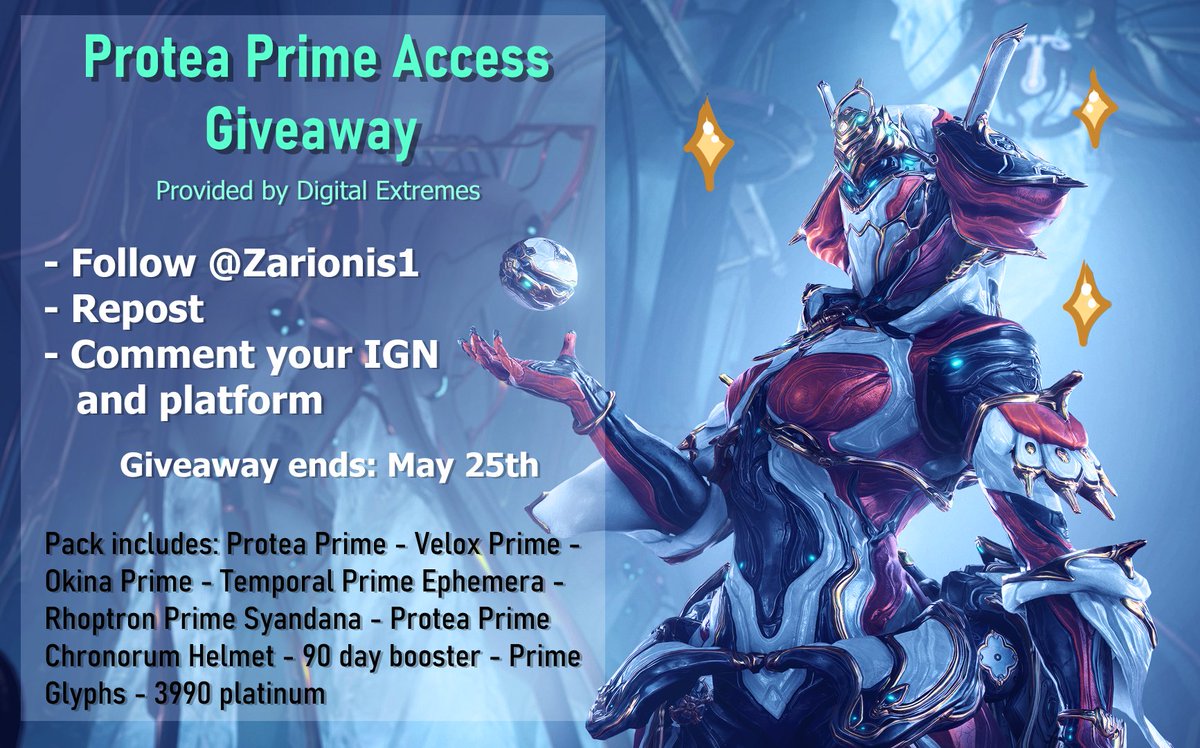 Protea Prime Access Giveaway! (Highest tier pack)
Thank you DE for this opportunity!

🔻Follow the instructions on the image to enter🔻

Giveaway ends on May 25th

Good luck!✨