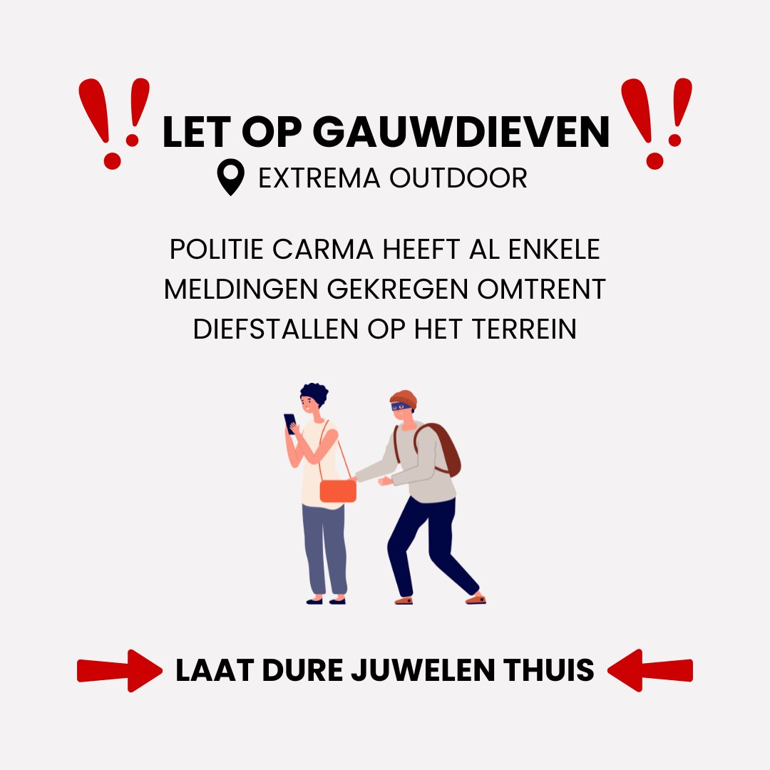 ‼️WAARSCHUWING‼️

Politie CARMA heeft al verschillende meldingen gekregen omtrent gauwdiefstallen op het festivalterrein.

⚠️ Parket, politie en de organisatie raden aan om dure juwelen thuis te laten!

#besafe #wecarealot #extremaoutdoor