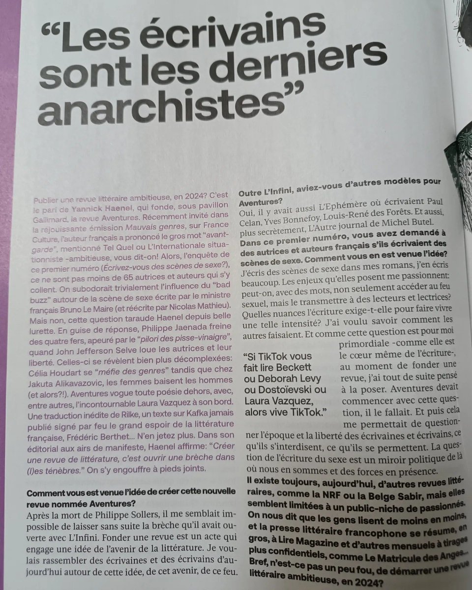 MarcelRAMIREZ's tweet image. Cette fois c'est Yannick Haenel qui a pris sur son temps précieux pour répondre à mes questions pour Focus Vif. Il a parlé de sa belle revue Aventures, et a donné sa vision (très punk) du statut de l'écrivain. 
#ANARCHIE #PUNK #LISEZ #ÉCRIVEZ