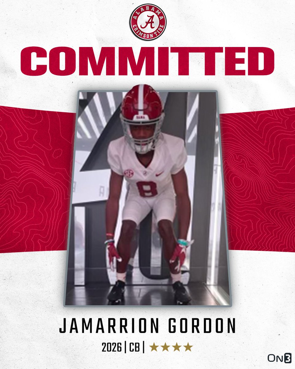 🚨BREAKING🚨 2026 4-star CB Jamarrion Gordon has committed to Alabama🐘 More from @ChadSimmons_: on3.com/college/alabam…