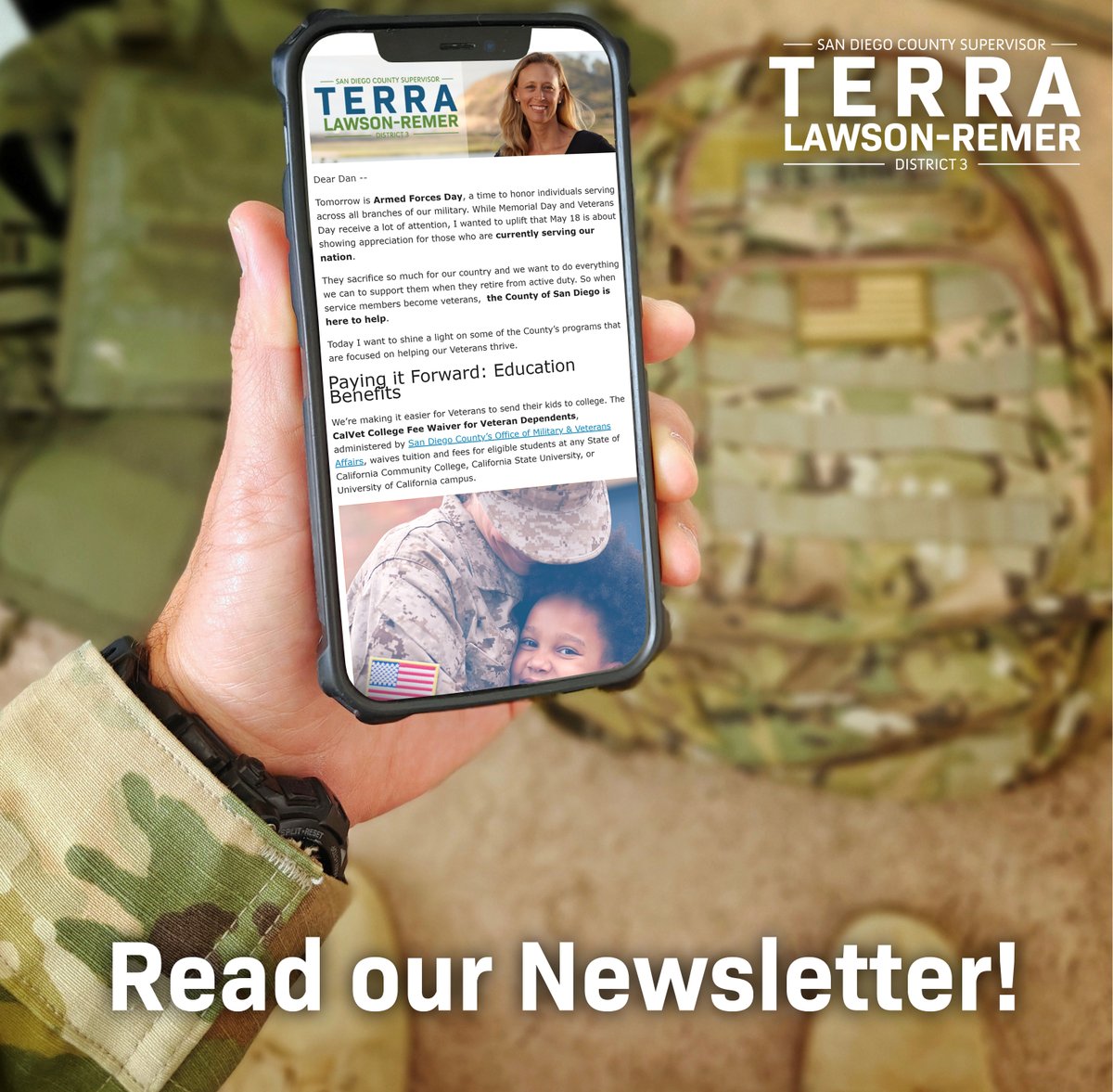 This #ArmedForcesDay, we salute the brave men and women who serve our nation. 🇺🇸 Discover how our County supports veterans and servicemembers with housing, education, pet adoption, fraud prevention, and more in my latest newsletter. Read more: supervisorterralawsonremer.com/content/d3/us/…