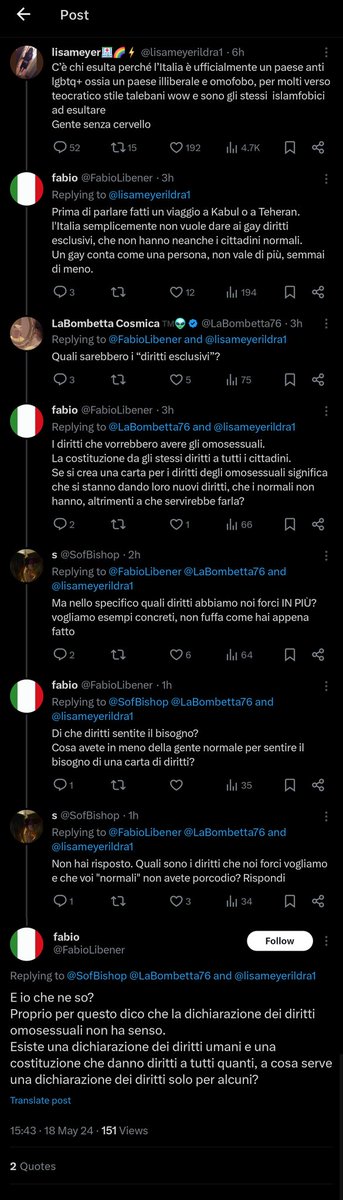 Bandierina: i gay vogliono diritti in più!
Persona chiede quali sarebbero i diritti esclusivi che chiedono le persone lgbt.
Bandierina: MA IO CHE NE SO.

AH. E ALLORA CHIUDI LA FOGNA, COGLIONE.