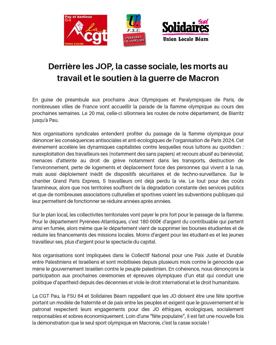 📢 Derrière les JOP, la casse sociale, les morts au travail et le soutien à la guerre de Macron ! Communiqué sur le passage de la flamme olympique à Pau ce lundi 20 mai. En Macronie, le seul sport olympique c'est la casse sociale, de cette société là, on n'en veut pas ✊