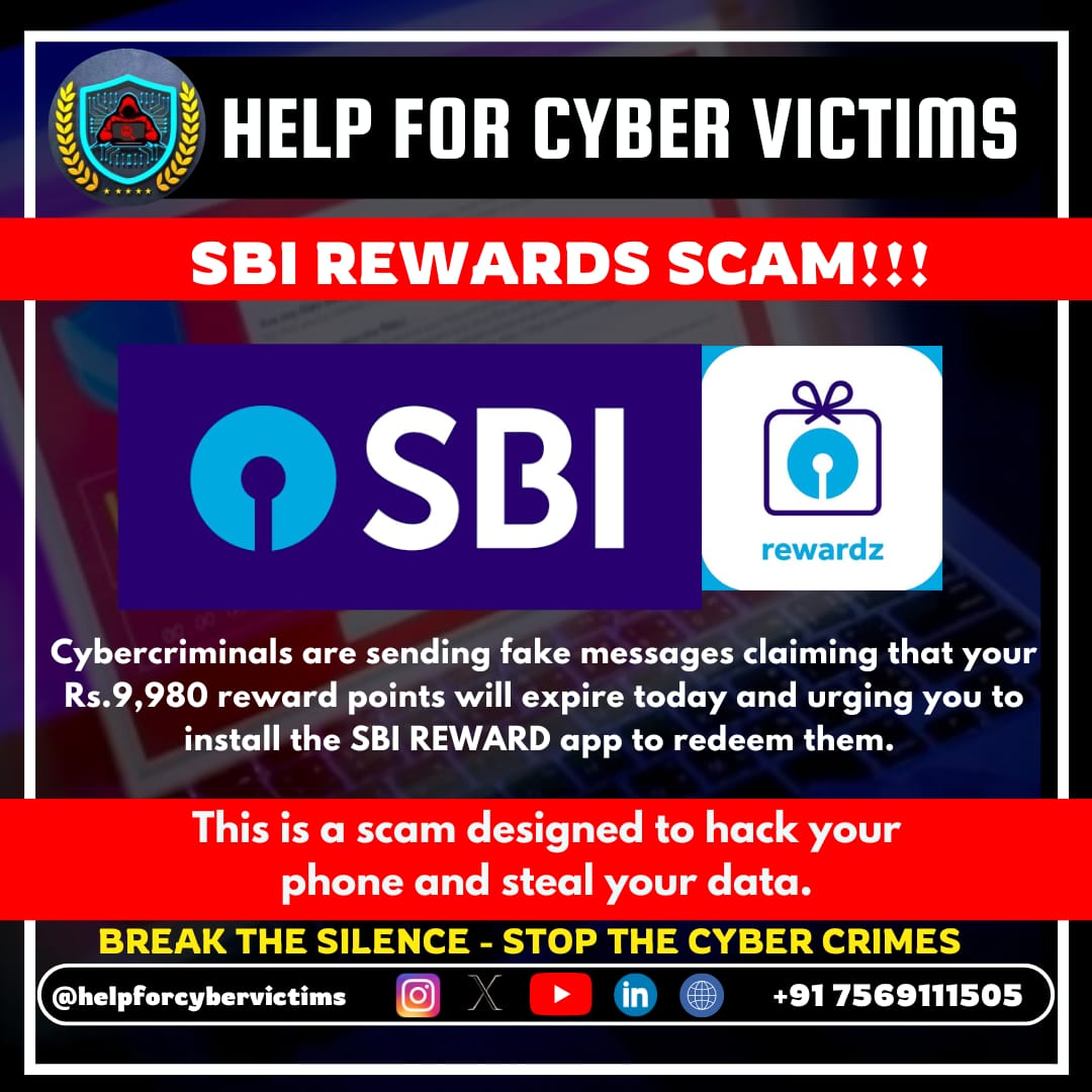 🚨 Alert! 🚨 Cybercriminals are sending fake messages claiming that your ₹9,980 reward points will expire today and urging you to install the SBI REWARD App to redeem them. 📱⚠️ Don't fall for it! 🛑 #StaySafe #CyberSecurity #FraudAlert #ScamAwareness #EHA #EthicalHackeraravind