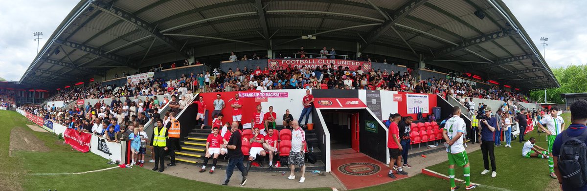 Broadhurst Park is hosting the Len Johnson All-stars fundraiser and the main stand is packed with new faces - great to see the wider community here as well as many FC fans who are making their voices heard