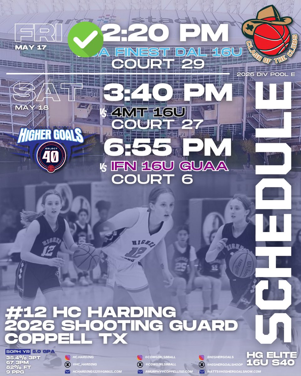 🚨 CLASH OF THE CLUBS 𝐮𝐩𝐝𝐚𝐭𝐞𝐝 𝐬𝐜𝐡𝐞𝐝𝐮𝐥𝐞 🚨 🗓️ @HigherGoalsHoop 16U S40 Started our weekend off with a Friday W! Here is our updated schedule for today! Would love to have you out on our baselines/tuned in! 💙🧡 @CoachAlex_b @GamalSmalley @GPSmalley @CoachCDE